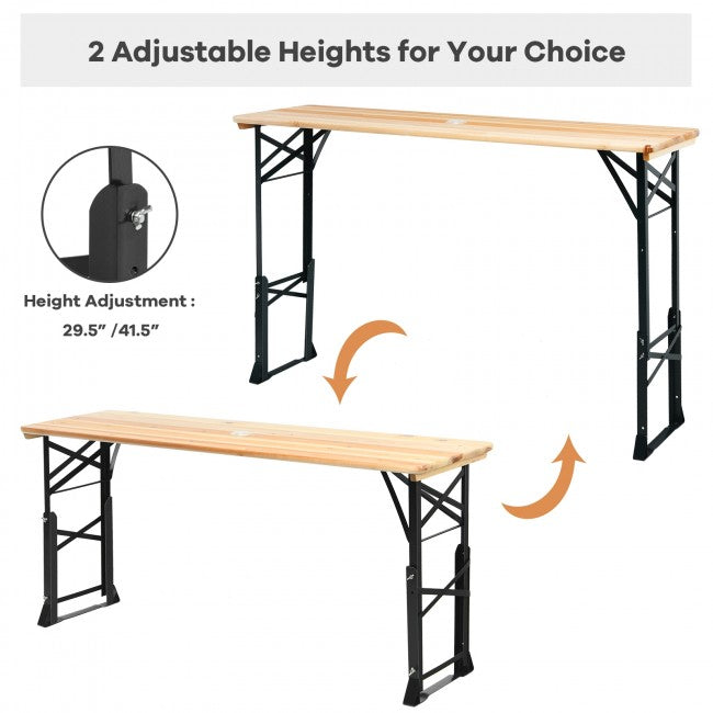66.5 Inch Adjustable Height Outdoor Portable Wooden Folding Picnic Table with Umbrella Hole