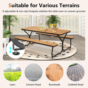 6 FT Outdoor Picnic Table Bench Set Patio Conversation Set with Umbrella Hole and HDPE Tabletop for 6-8 People