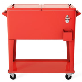 Outdoor 80 Quart Rolling Cooler Cart Patio Beverage Bar Trolley Ice Chest with Bottle Opener for Cookouts Party BBQ