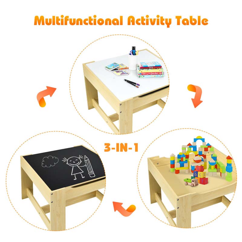 Kids Table & Chairs Set, 3-in-1 Wooden Toddler Activity Table with Storage, Reversible Tabletop & Blackboard for Art Craft, Drawing, Playroom