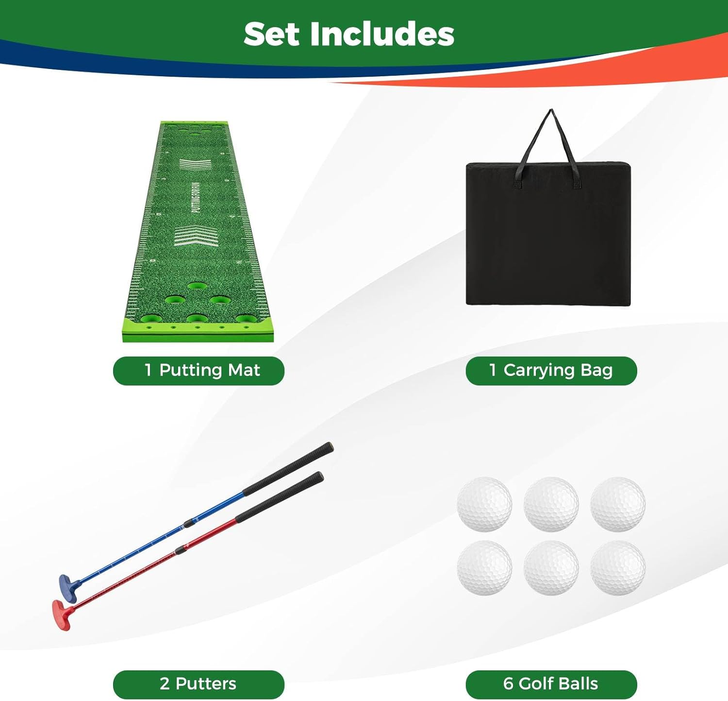 Portable Putting Green Mat with 2 Adjustable Putters, 6 Balls, Carrying Bag, Golf Putting Mat for Party