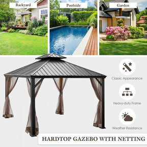 12' x 10' Outdoor Hardtop Gazebo Patio Galvanized Steel Pergolas Canopy Pavilion with Double Roof and Netting