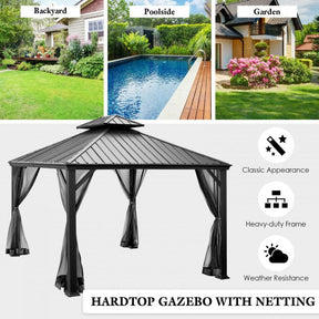 12' x 10' Outdoor Hardtop Gazebo Patio Galvanized Steel Pergolas Canopy Pavilion with Double Roof and Netting