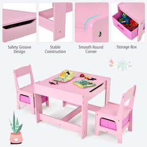 Kids Table & Chairs Set, 3-in-1 Wooden Toddler Activity Table with Storage, Reversible Tabletop & Blackboard for Art Craft, Drawing, Playroom