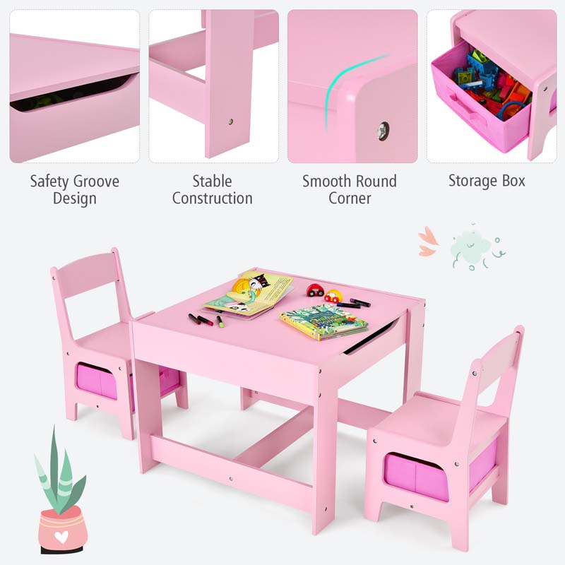 Kids Table & Chairs Set, 3-in-1 Wooden Toddler Activity Table with Storage, Reversible Tabletop & Blackboard for Art Craft, Drawing, Playroom
