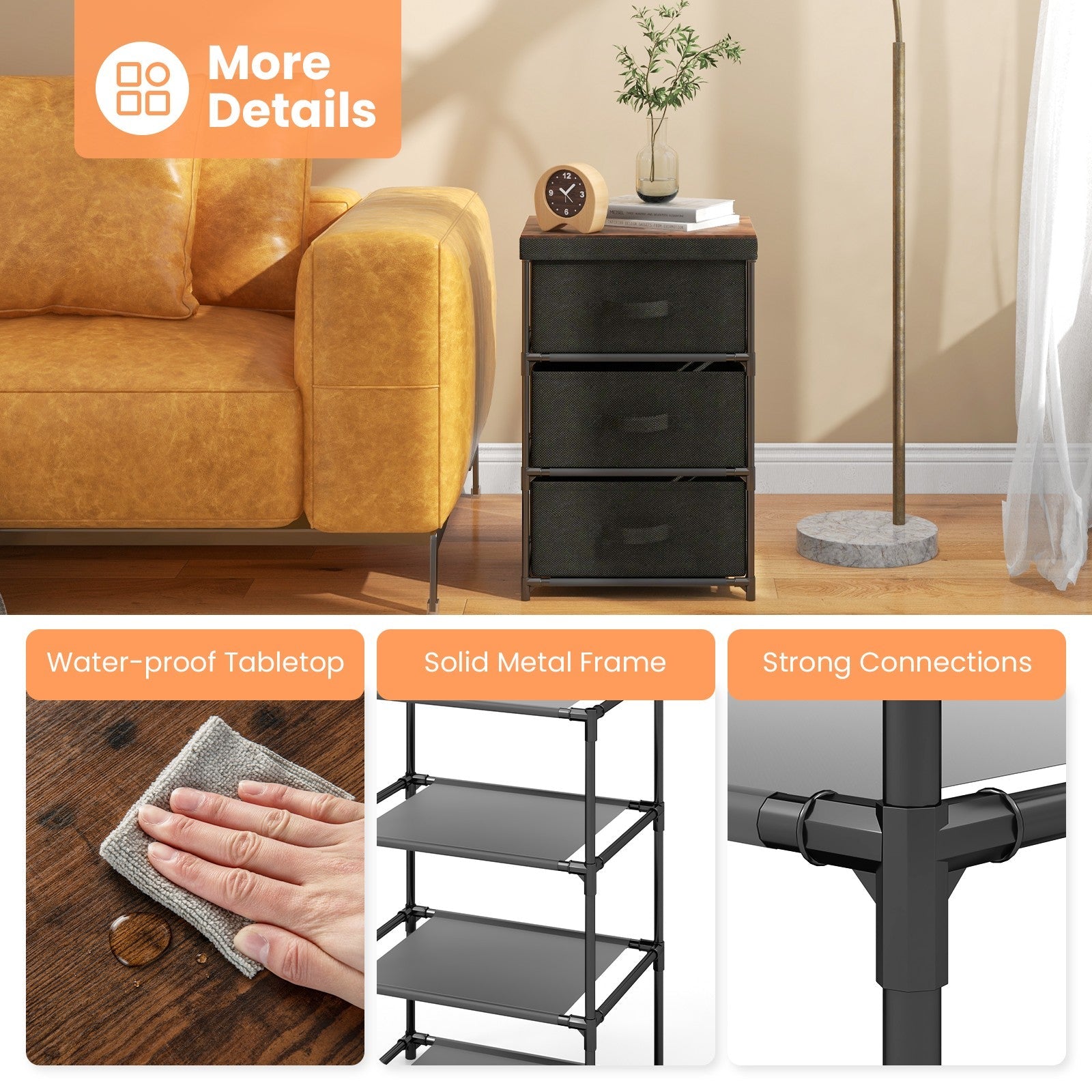 3-Tier Fabric Dresser Fabric Nightstand w/ 3 Drawers Storage Dresser for Bedroom