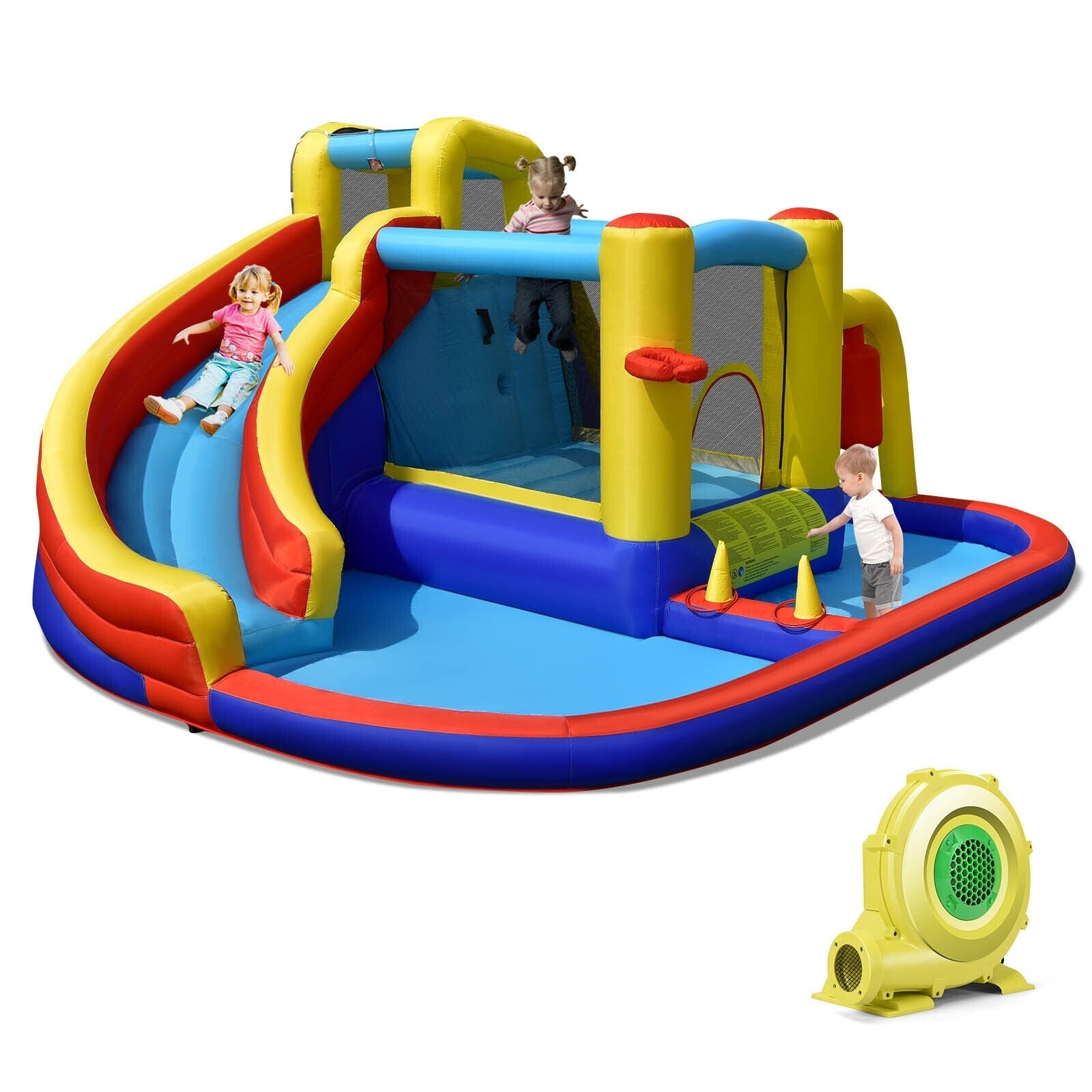 7-in-1 Inflatable Water Slide Water Park Kids Bounce Castle with 735W Air Blower