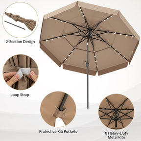 3m Solar Patio Umbrella w/ 32 LED Lights 3-Tier Vented Top Tilt Adjustment Beach