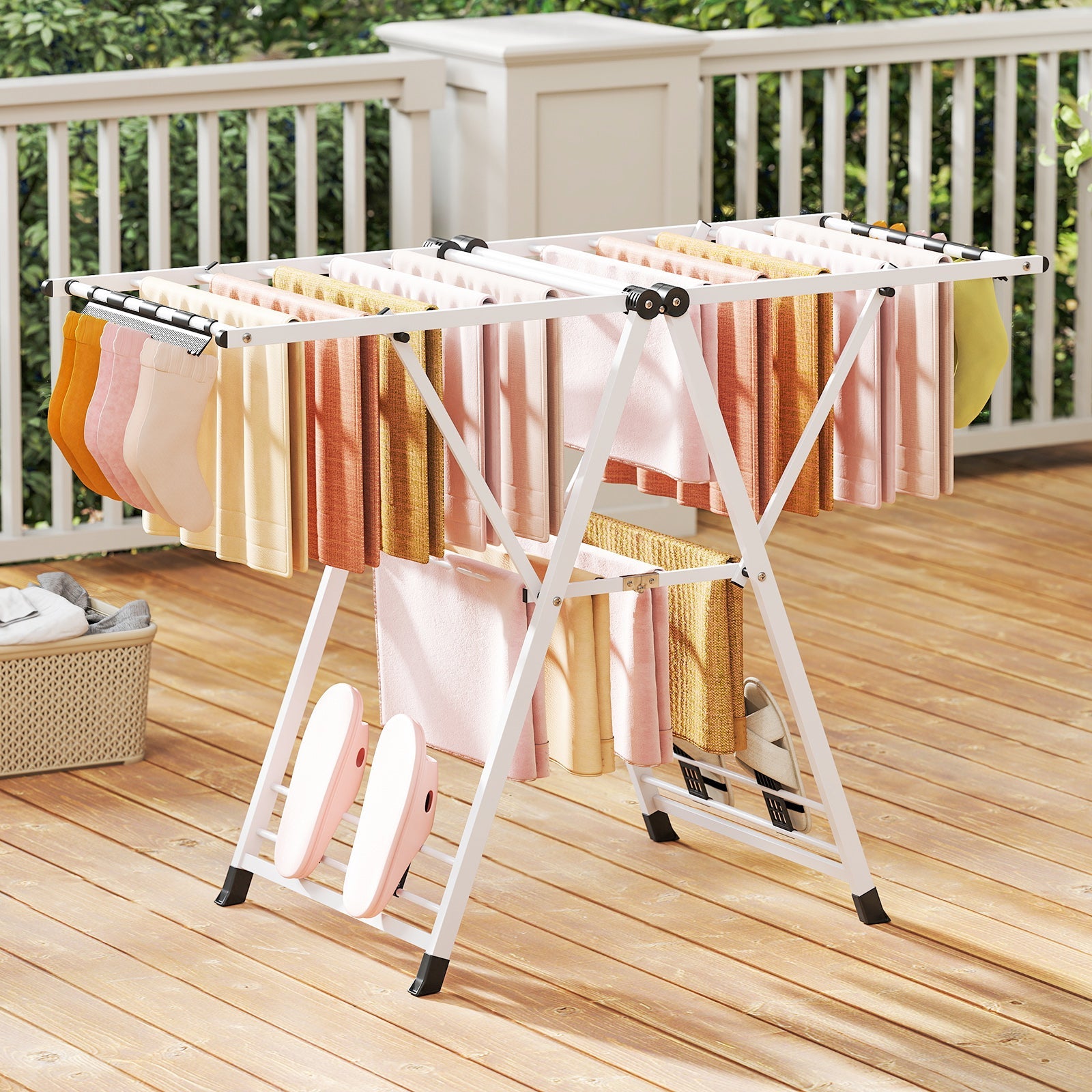 Foldable Metal Laundry Drying Rack with Height Adjustable Wings, 16 Drying Rails