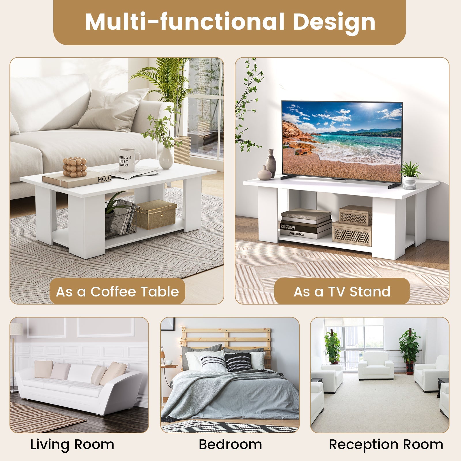 Giantex Modern Coffee Table w/Storage Shelf, Large 2-Tier Wooden Tea Table w/Open Shelf, White
