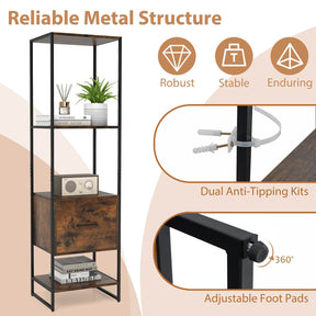 5-Tier Bookshelf with Drawer Tall Narrow Bookcase