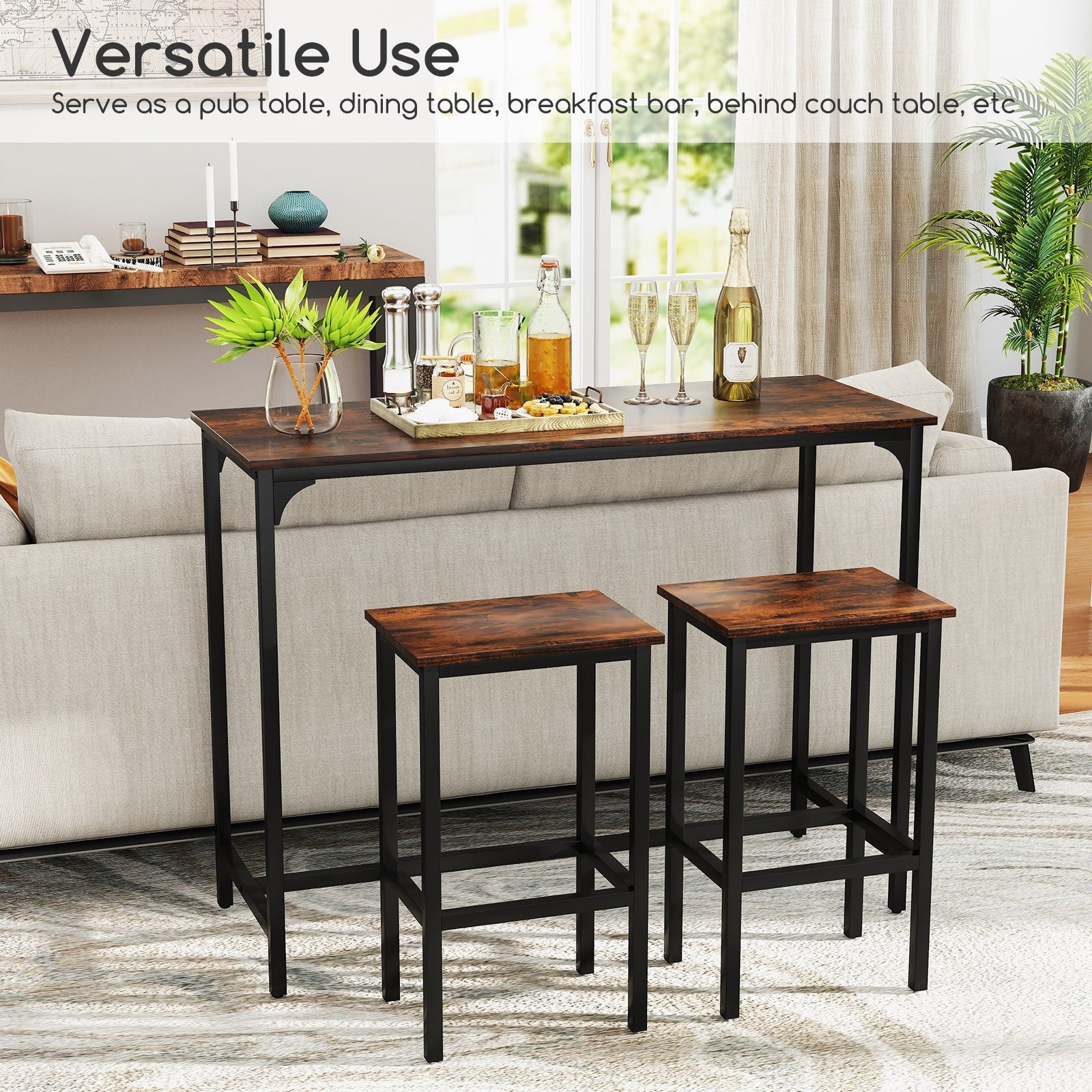 3-Piece Dining Table Set 120cm Counter-Height Kitchen Table & 2 Bar Stools