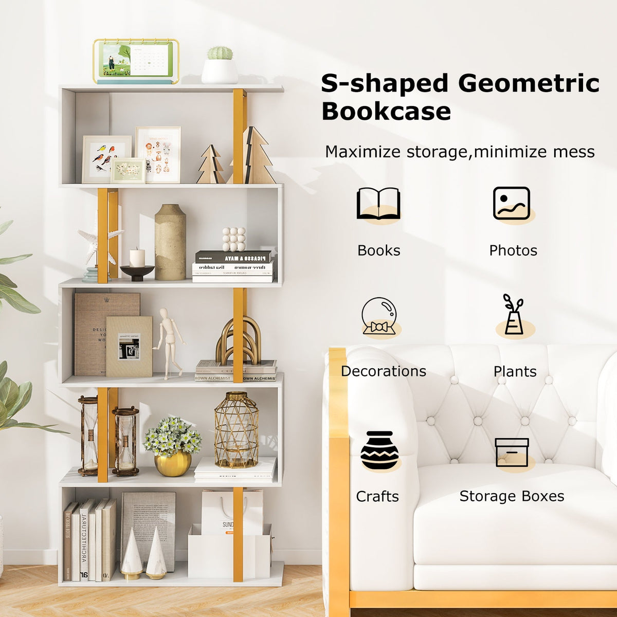 5/6-Tier Geometric Bookcase Decorative S-Shaped Storage Bookshelf w/ Metal Frame