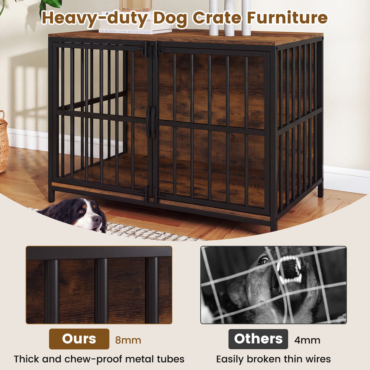 Heavy-Duty Dog Crate Furniture, 100 cm Dog Kennel with Dual Lockable Double Doors