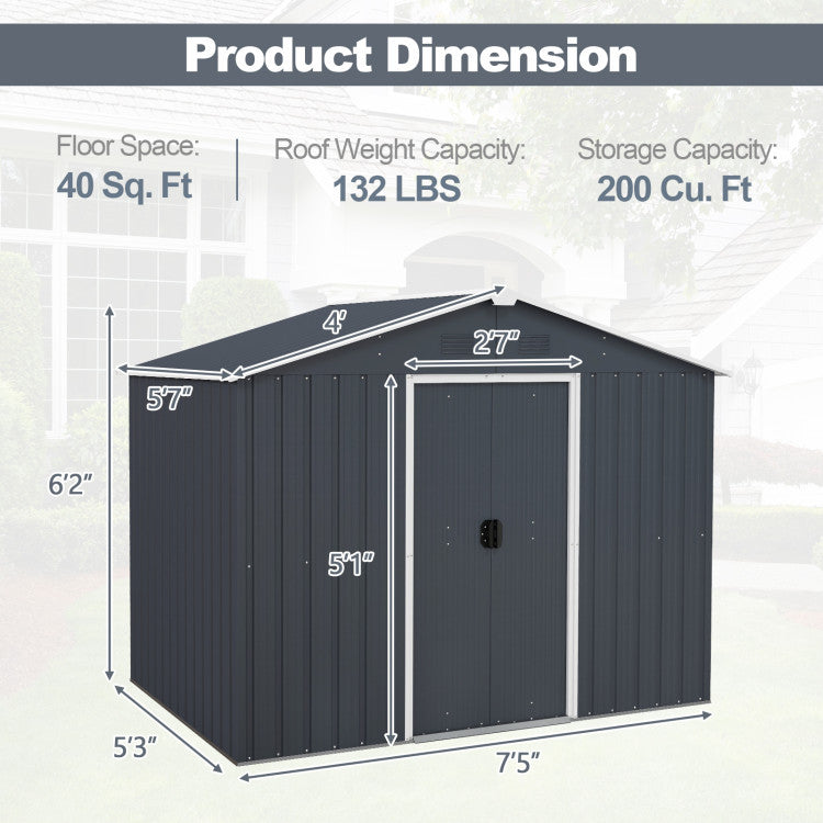 6' x 8' Outdoor Storage Shed Galvanized Metal Garden Tool Organizer with Lockable Slide Doors and Air Vent