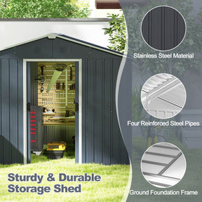6' x 8' Outdoor Storage Shed Galvanized Metal Garden Tool Organizer with Lockable Slide Doors and Air Vent