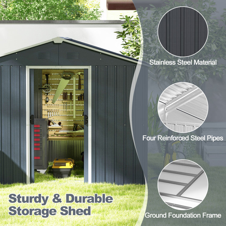 6' x 8' Outdoor Storage Shed Galvanized Metal Garden Tool Organizer with Lockable Slide Doors and Air Vent