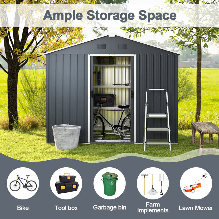 6' x 8' Outdoor Storage Shed Galvanized Metal Garden Tool Organizer with Lockable Slide Doors and Air Vent