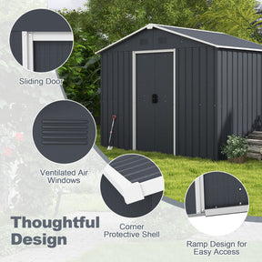 6' x 8' Outdoor Storage Shed Galvanized Metal Garden Tool Organizer with Lockable Slide Doors and Air Vent