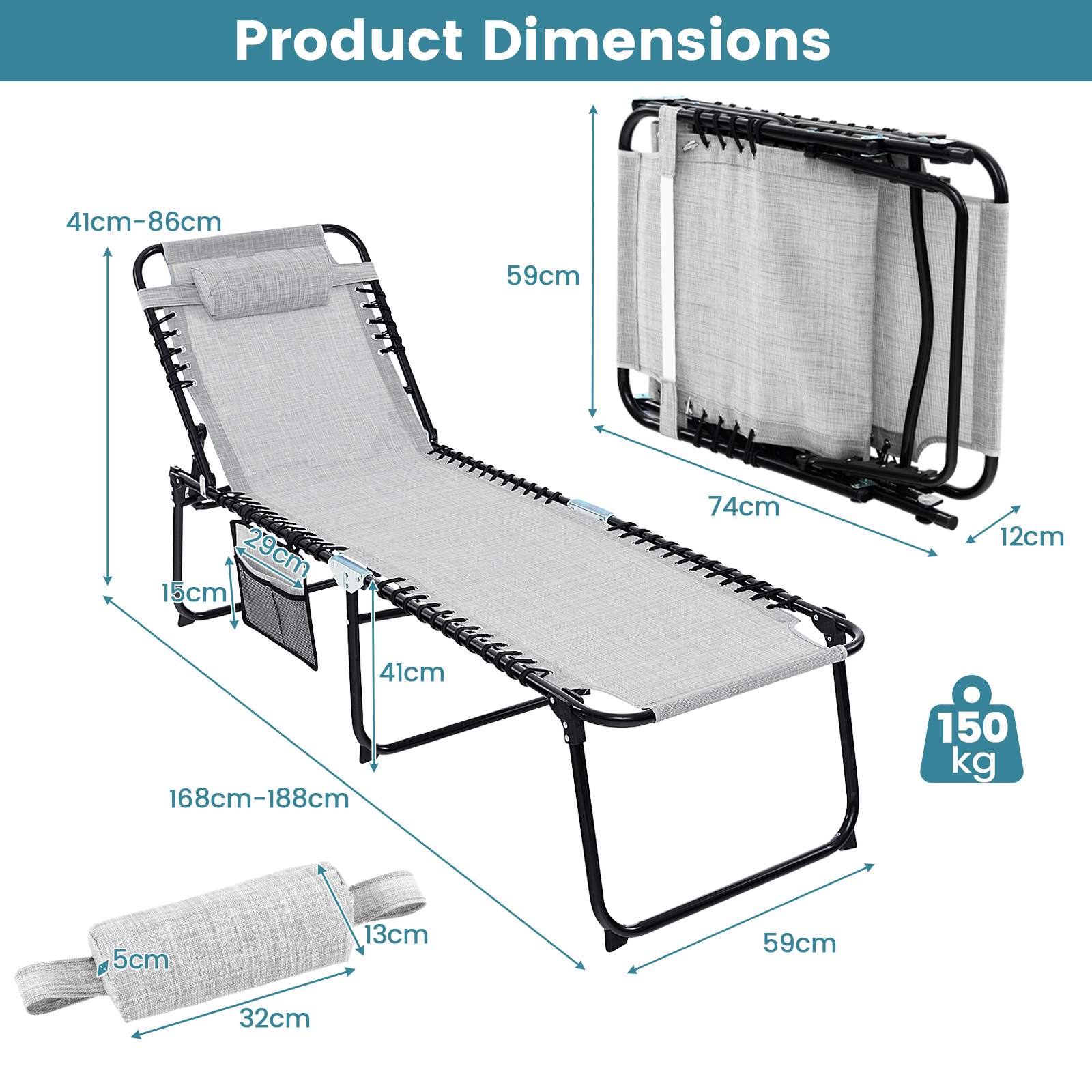 Patio Folding Chaise Lounge with 4-Level Backrest & Detachable Headrest Outdoor（59cm）