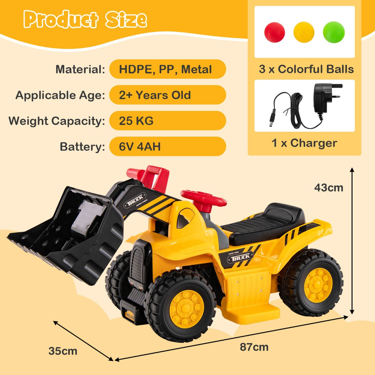 6V Kids Electric Construction Vehicle with Controllable Digging Bucket