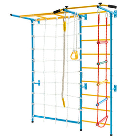 7-in-1 Kids Climbing Toys Indoor Steel Climb Playground Set Gym Equipment Wall Ladder with PVC foot pads and Gymnastic Rings