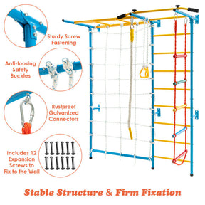 7-in-1 Kids Climbing Toys Indoor Steel Climb Playground Set Gym Equipment Wall Ladder with PVC foot pads and Gymnastic Rings