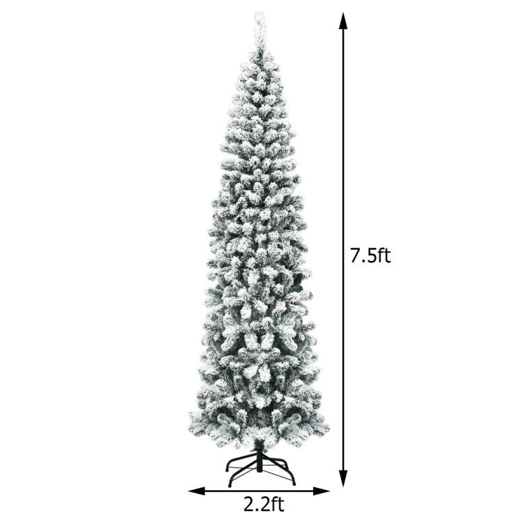 7.5 Feet Unlit Hinged Snow Flocked Artificial Pencil Christmas Tree with 641 Tips