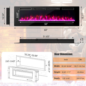 42/50/60/72 Inch 5100 BTU  Ultra-Thin Electric Fireplace with Decorative Crystals