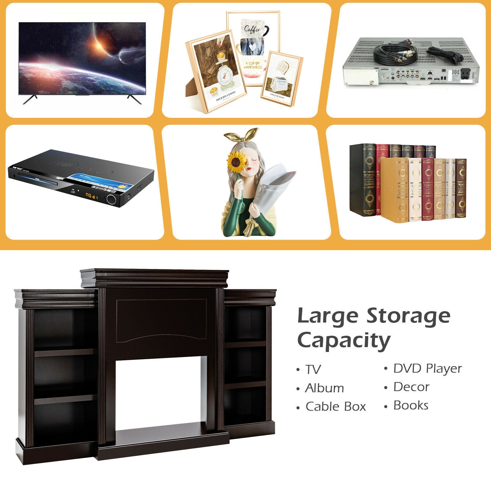 70 Inch Modern Entertainment Center TV Stands with Bookcase for 26" Electric Fireplace