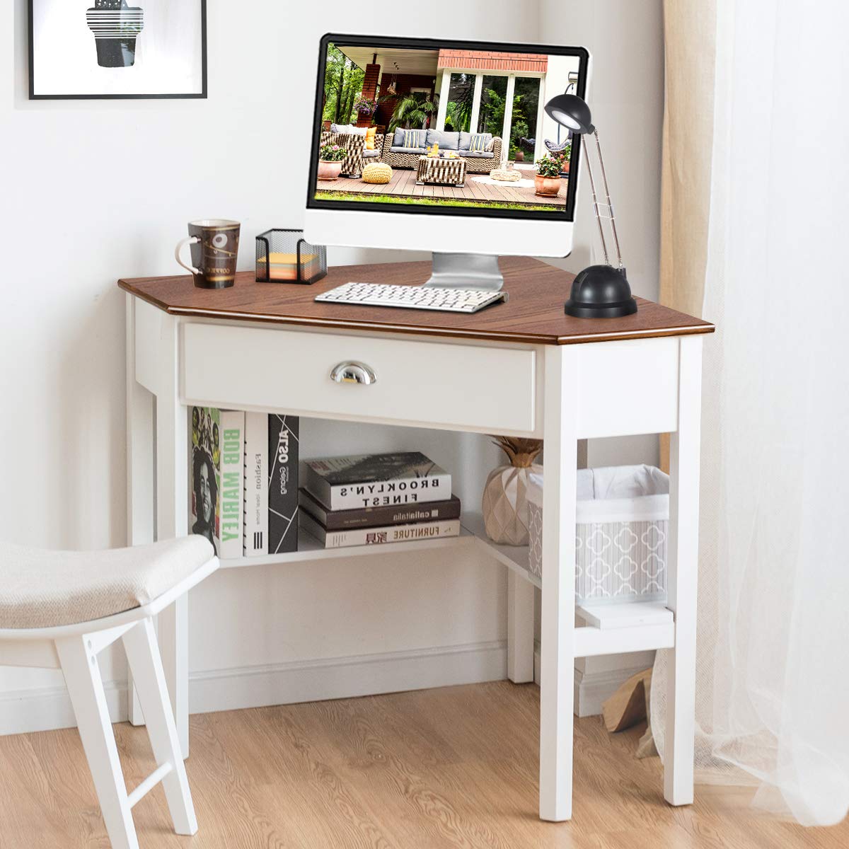 Wood Corner Computer Desk, Compact Writing Table w/Drawer & Shelves