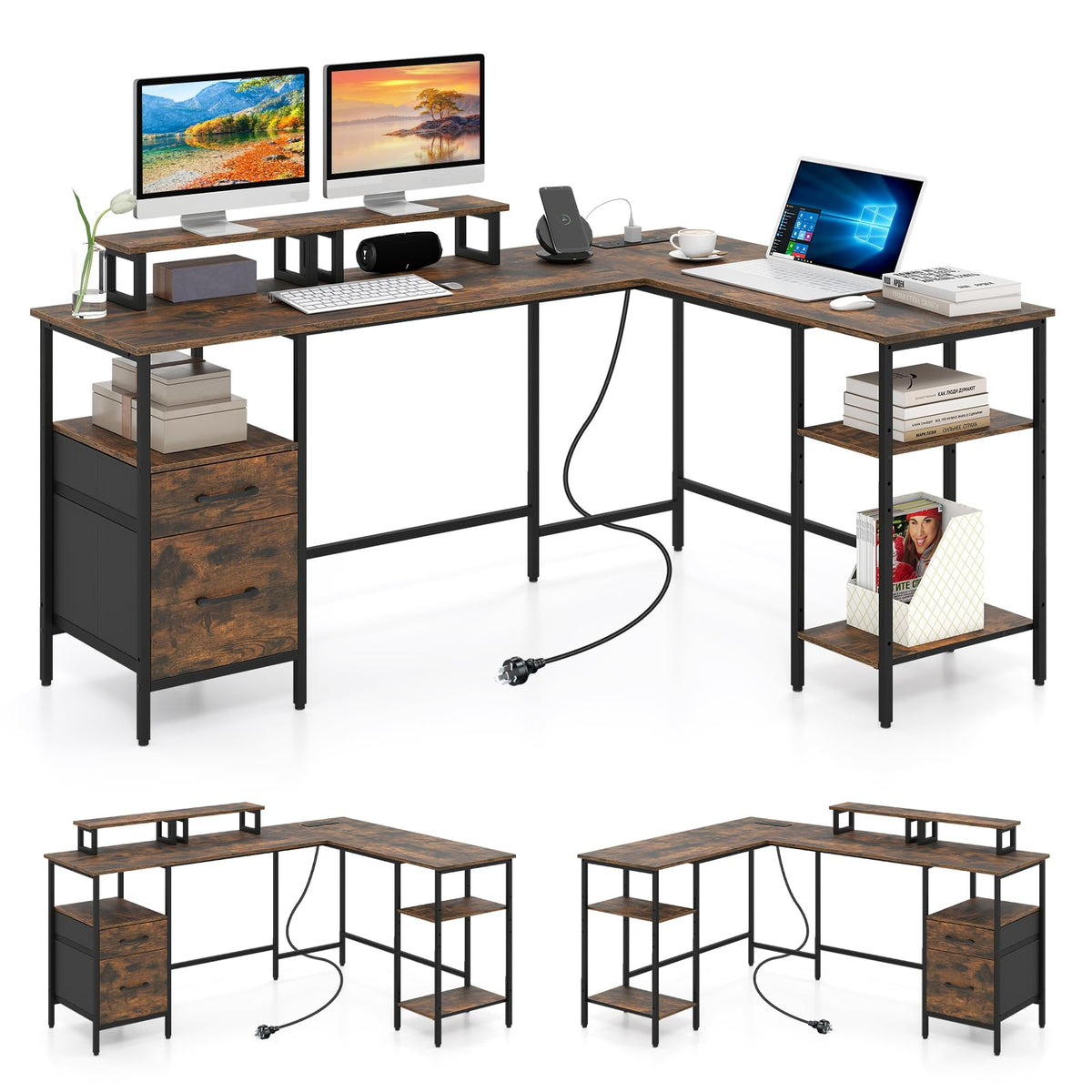L-shaped Desk with Power Outlets, Reversible Corner Desk with Monitor Stand