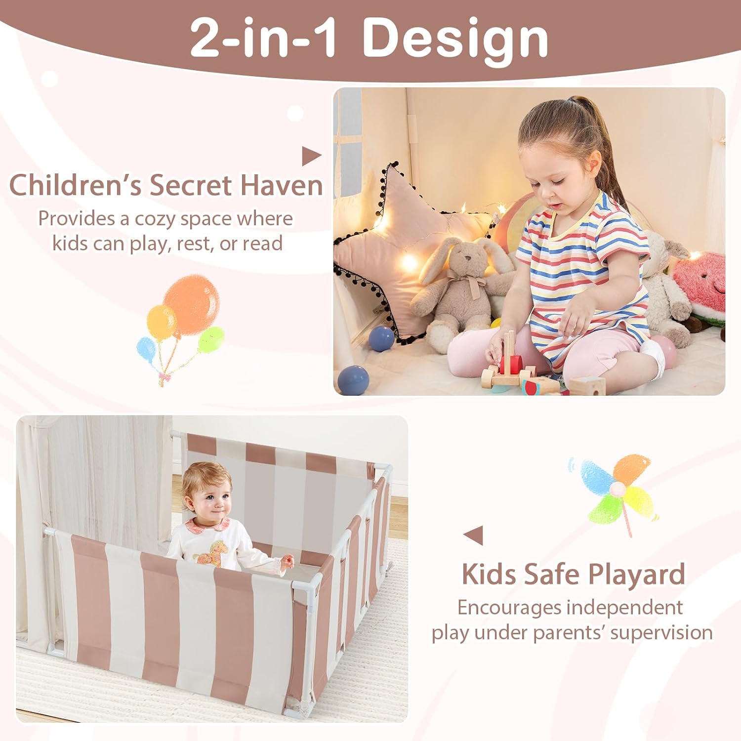 Kids Play Tent with Playpen, 2-in-1 Toddler Playhouse w/Yard, Door Curtains, Windows, Star Lights & Washable Cotton Mat, Indoor Teepee Tent for Boys and Girls Aged 3+ Years (Beige)