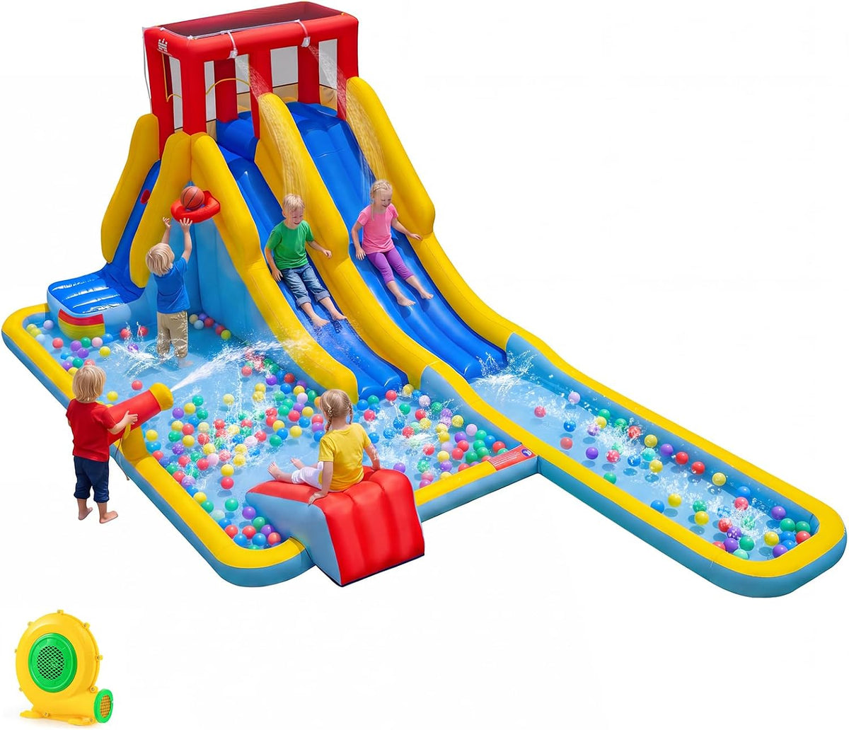 Hikidspace Inflatable Water Slide, 7-in-1 Double Long Slide Inflatable Water Park w/Climbing Wall (Without Blower)