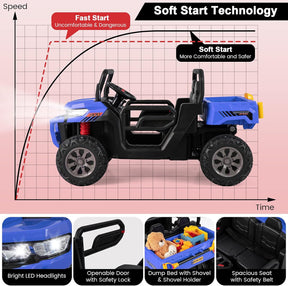 2-Seater Kids Ride On Dump Truck, Electric Toy Tractor w/Dump Bed, Shovel, 2.4G Remote Control, Wireless Connection