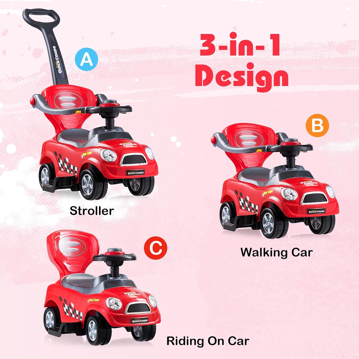 3-in-1 Ride On Push Car, Foot-to-Floor Toddler Walking Car w/Detachable Guardrails & Handle, Interesting Horn, Hidden Storage Space & Anti-Back-Tipping Design, Sliding Car for 2-6 Years