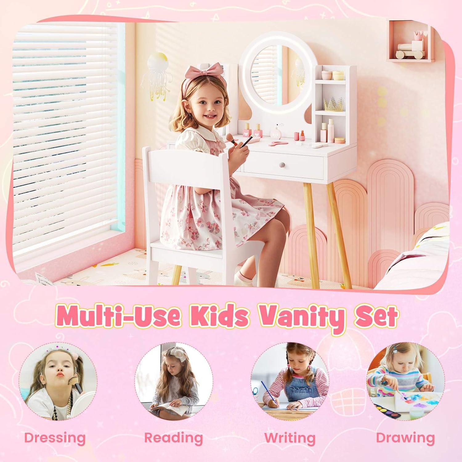 Wooden Kids Vanity Set, Princess Dressing Table and Chair Set with 2-Color Front Lit Mirror