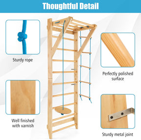 Wood Stall Bar, Swedish Ladder with Swedish Wall & Pull Up Bar & Rope Ladder & Trapeze