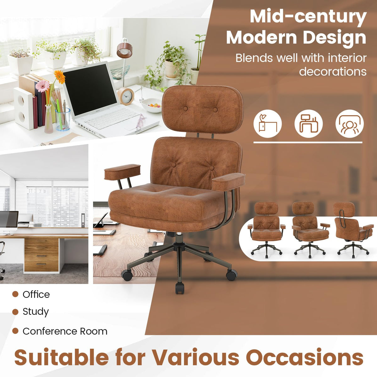 Ergonomic Home Office Chair, Mid Century Modern Suede Fabric Computer Desk Chair w/ Wide Tufted Seat