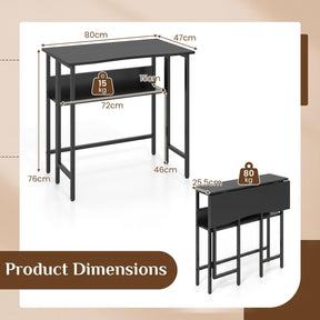 Small Folding Desk, 80 CM Computer Desk w/ Storage Shelf, Drop Leaf, & Metal Legs