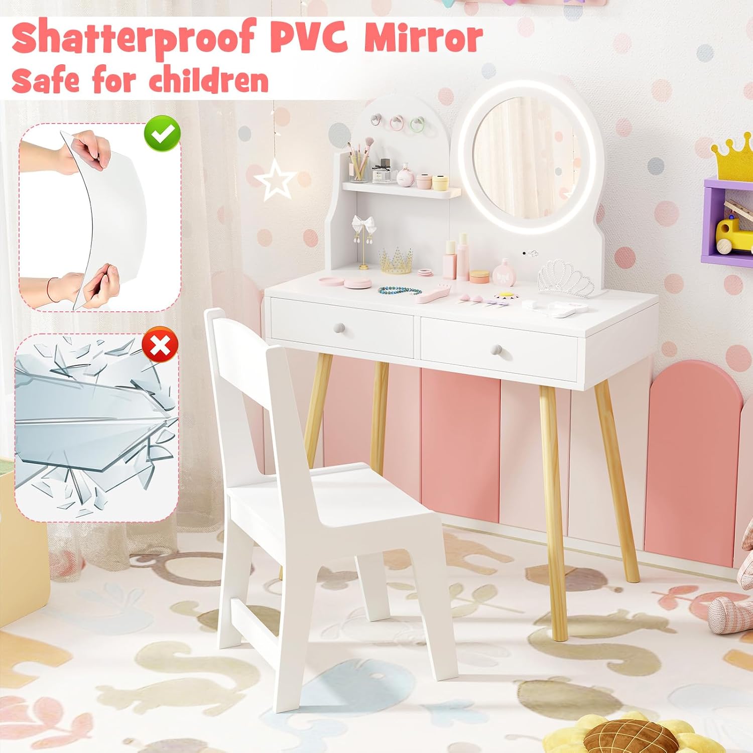 Kids Vanity Set, Princess Dressing Table with Chair