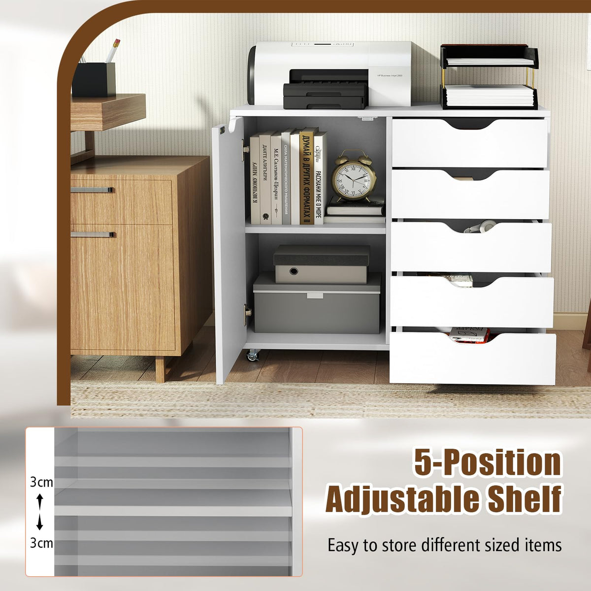 5-Drawer Chest with Door, Mobile File Cabinet with 5 Casters & Adjustable Shelf, Rolling Chest of Drawers Printer Stand