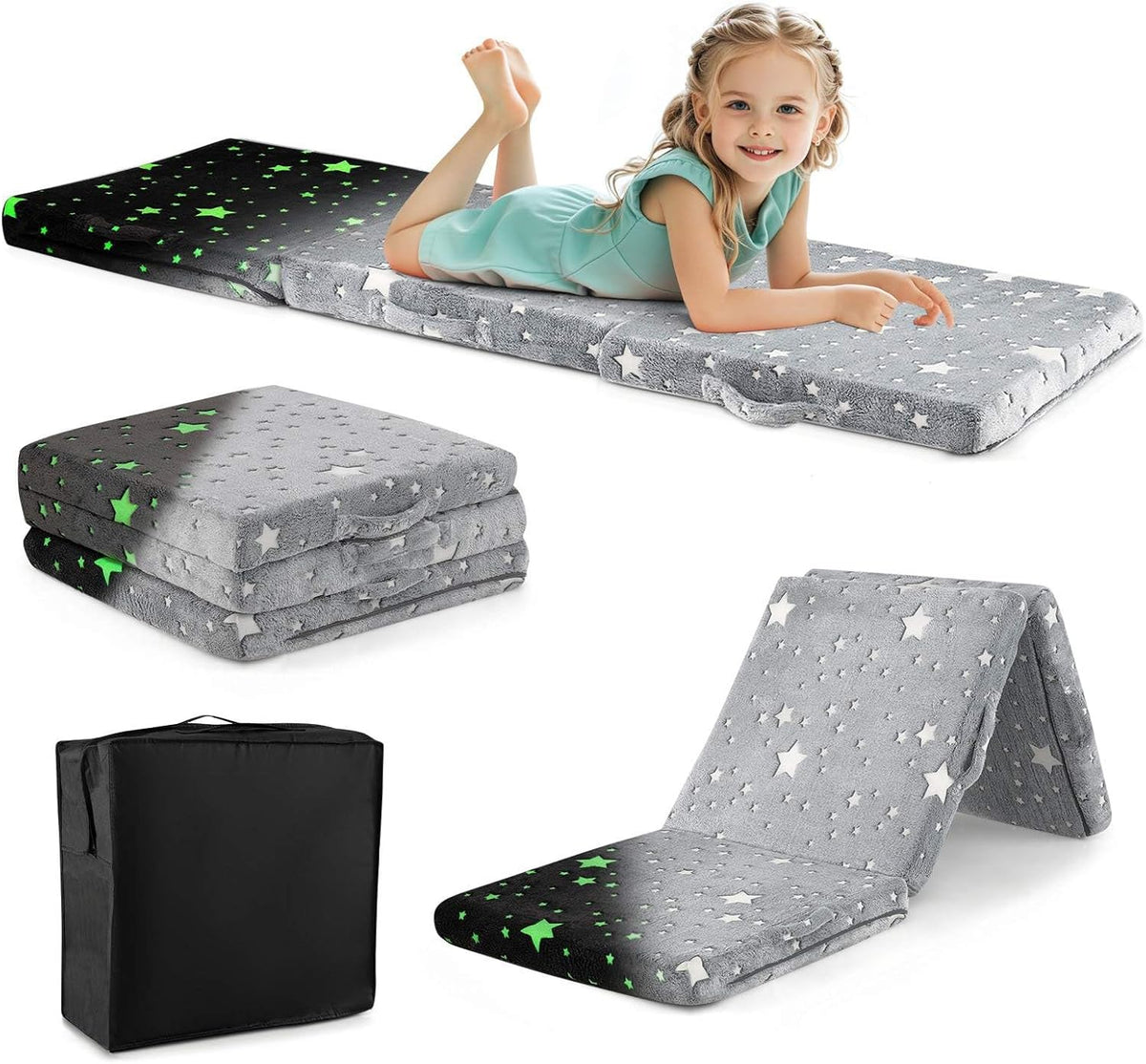 Foldable Floor Mattress for Kids, Glow in The Dark Toddler Floor Nap Mat w/Washable Flannel Cover