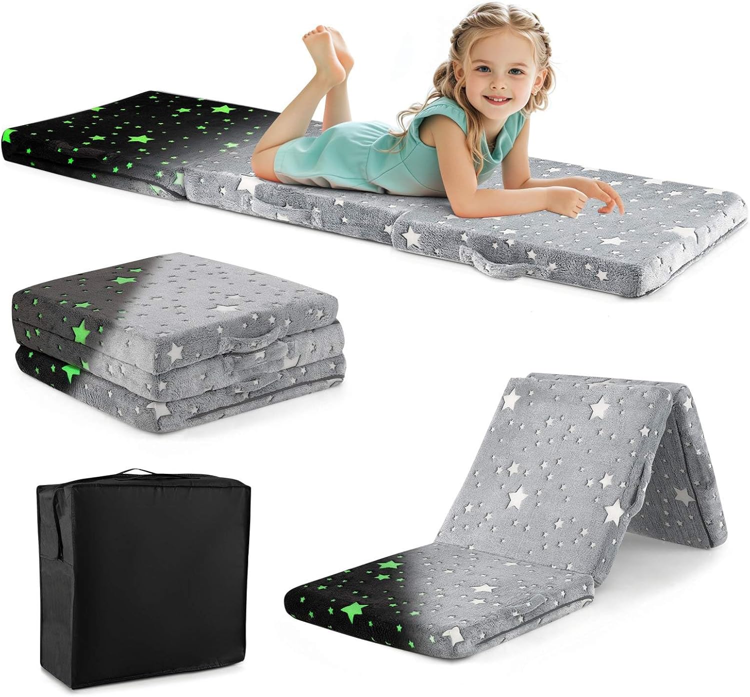 Foldable Floor Mattress for Kids, Glow in The Dark Toddler Floor Nap Mat w/Washable Flannel Cover
