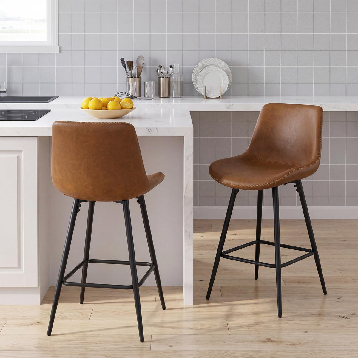 Counter Height Bar Stools Set of 2, 61 CM Bar Chairs with Backs and Footrests