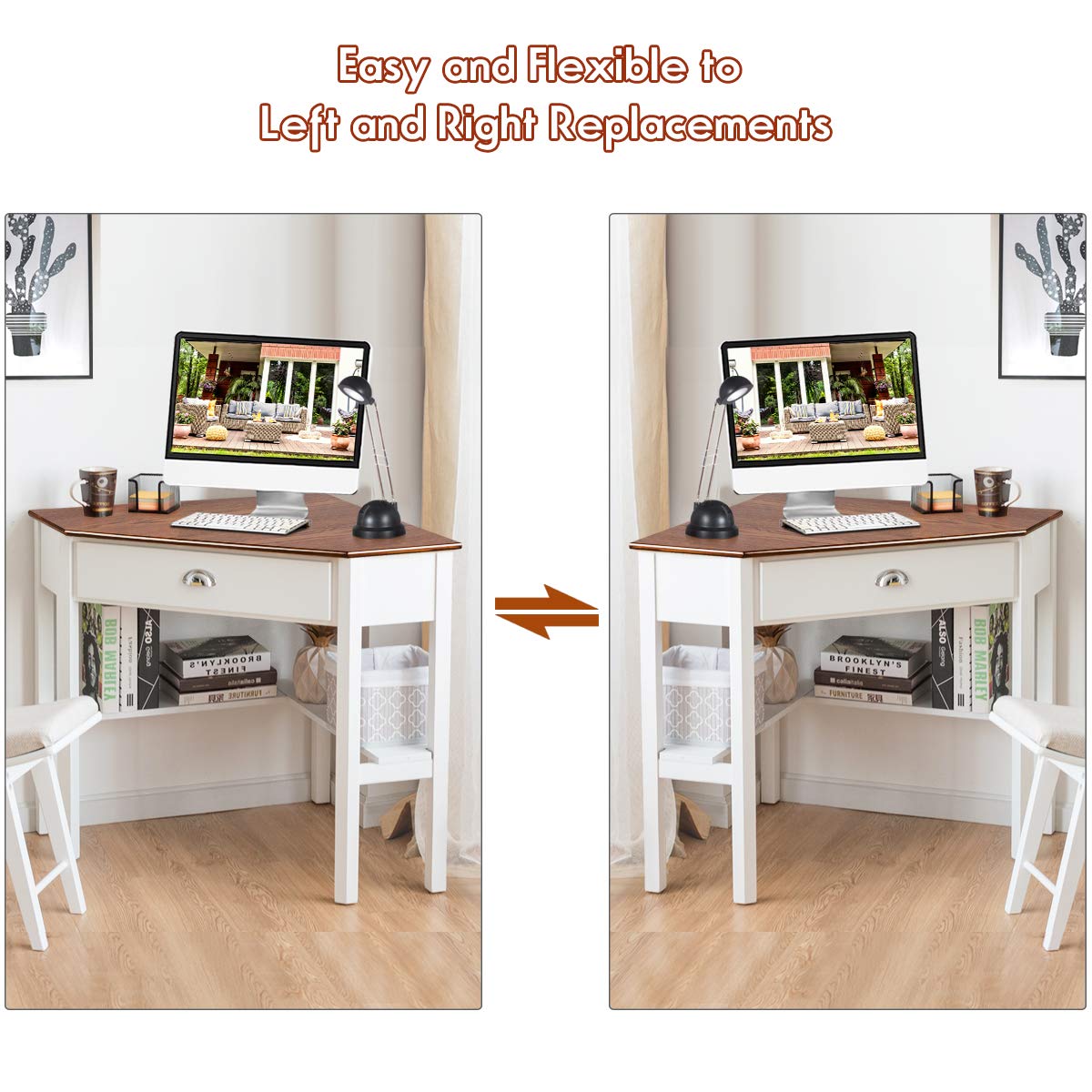 Wood Corner Computer Desk, Compact Writing Table w/Drawer & Shelves