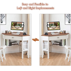 Wood Corner Computer Desk, Compact Writing Table w/Drawer & Shelves