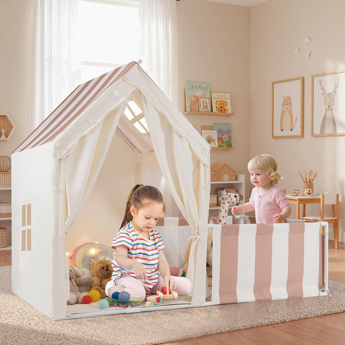 Kids Play Tent with Playpen, 2-in-1 Toddler Playhouse w/Yard, Door Curtains, Windows, Star Lights & Washable Cotton Mat, Indoor Teepee Tent for Boys and Girls Aged 3+ Years (Beige)