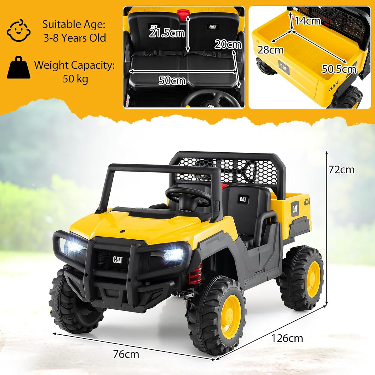 Licensed Caterpillar Ride On 4WD Dump Truck, 24V 2-Seater Kids Electric Vehicle with Remote Control, 4 x 100W Motors, Soft Start & Spring Suspension, Kids UTV with Dump Bed for 3+ Years Old