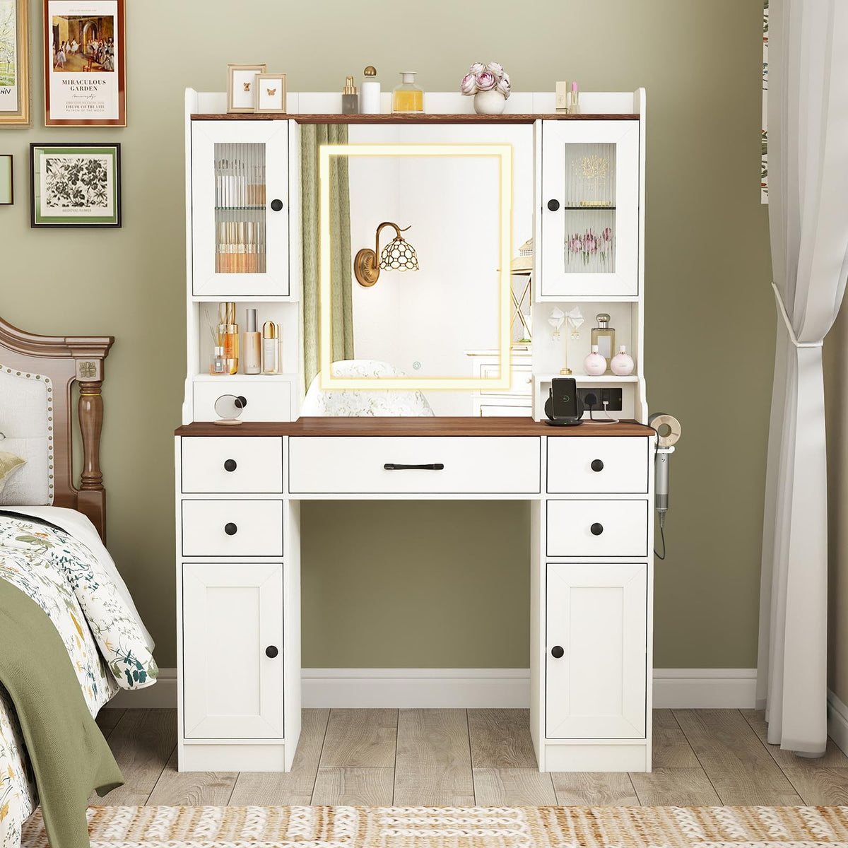 Vanity Desk with Mirror and Lights, Modern Dressing Table with Charging Station